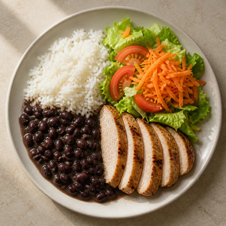 Foto do prato: arroz, feijão, frango e salada